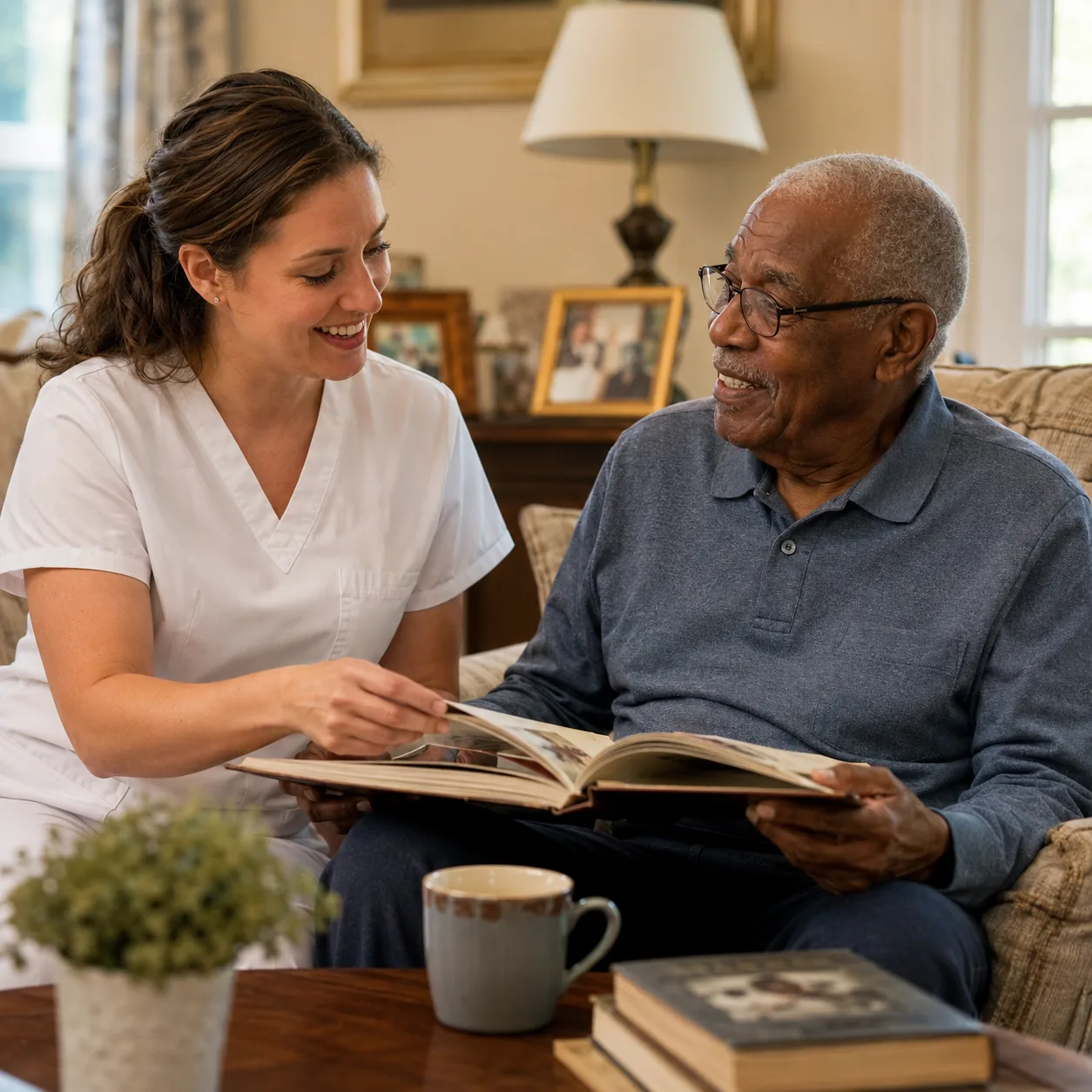 A hospice caregiver sharing a meaningful moment with an older adult while looking through a photo album